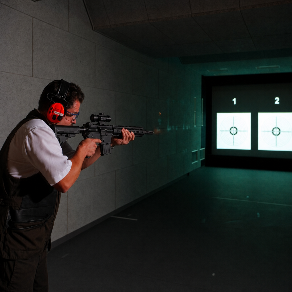 Sportschütze mit Halbautomat und Gehörschutz im Schützenstand des HITPOINT Schießkinos